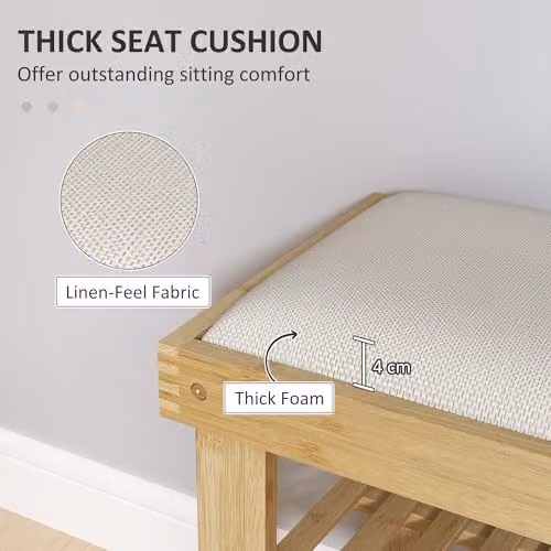 HOMCOM 3-Tier Bamboo Shoe Storage Bench with Upholstered Seat, White and Beige, W/D/H: 120 x 29 x 49 cm – 3