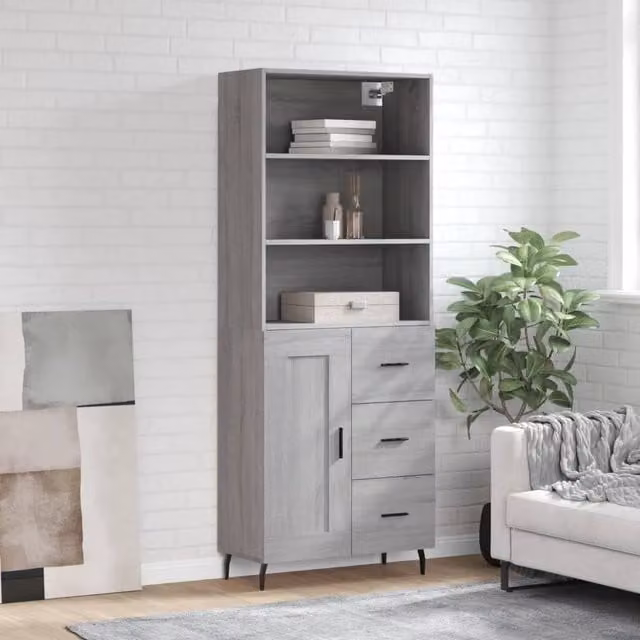 Berkfield Home Grey Sonoma Modern Highboard with Hinged Doors and Internal Shelves, W: 69.5 cm, D: 34 cm, H: 180 cm – 1