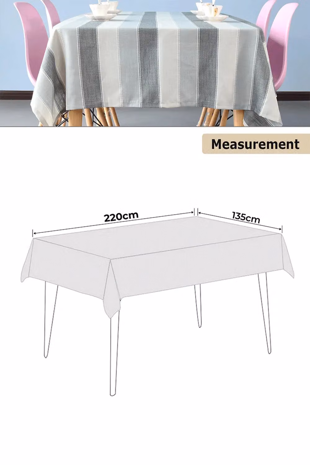 Neel Blue Grey and White Striped Rectangular Tablecloth, W: 135 cm, L: 220 cm – 2