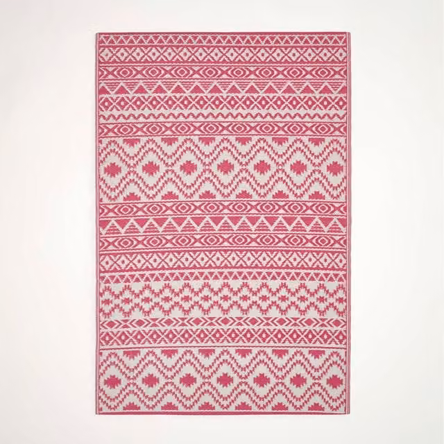 Homescapes Pink Tia Aztec Luxury Outdoor Rug, Reversible and UV-Resistant, Pink and White, Width: 270 cm
