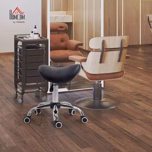 HOMCOM Black Synthetic Leather Saddle Stool with Metal Frame and Castors – 2