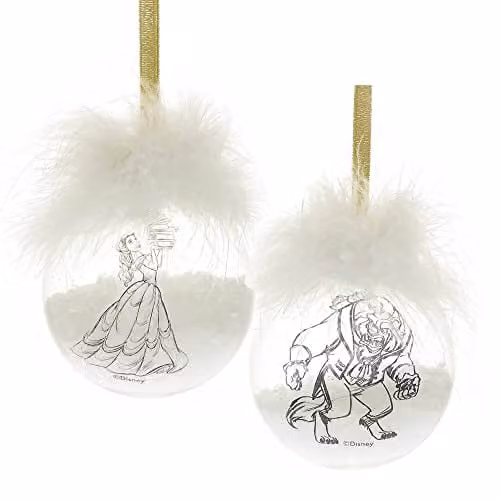 Widdop and Co Disney Beauty and the Beast Hanging Feather Glass Baubles in Gold, White and Transparent
