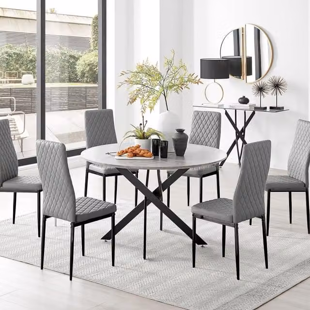 FurnitureboxUK Novara Grey Concrete Effect Round Dining Table and 6 Milan Black Leg Chairs – 1