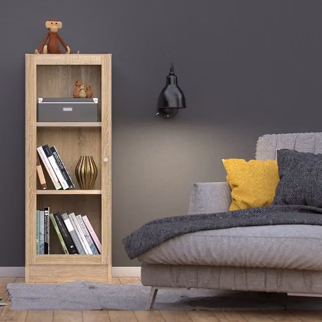 Furniture To Go Basic Low Narrow Display Cabinet with Glass Doors and 2 Internal Shelves in Oak