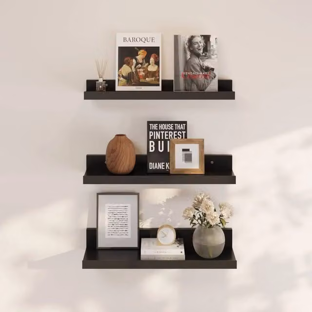 VOGREX Black Matt Metal Wall Mounted Floating Display and Storage Shelves, 3 Piece Set
