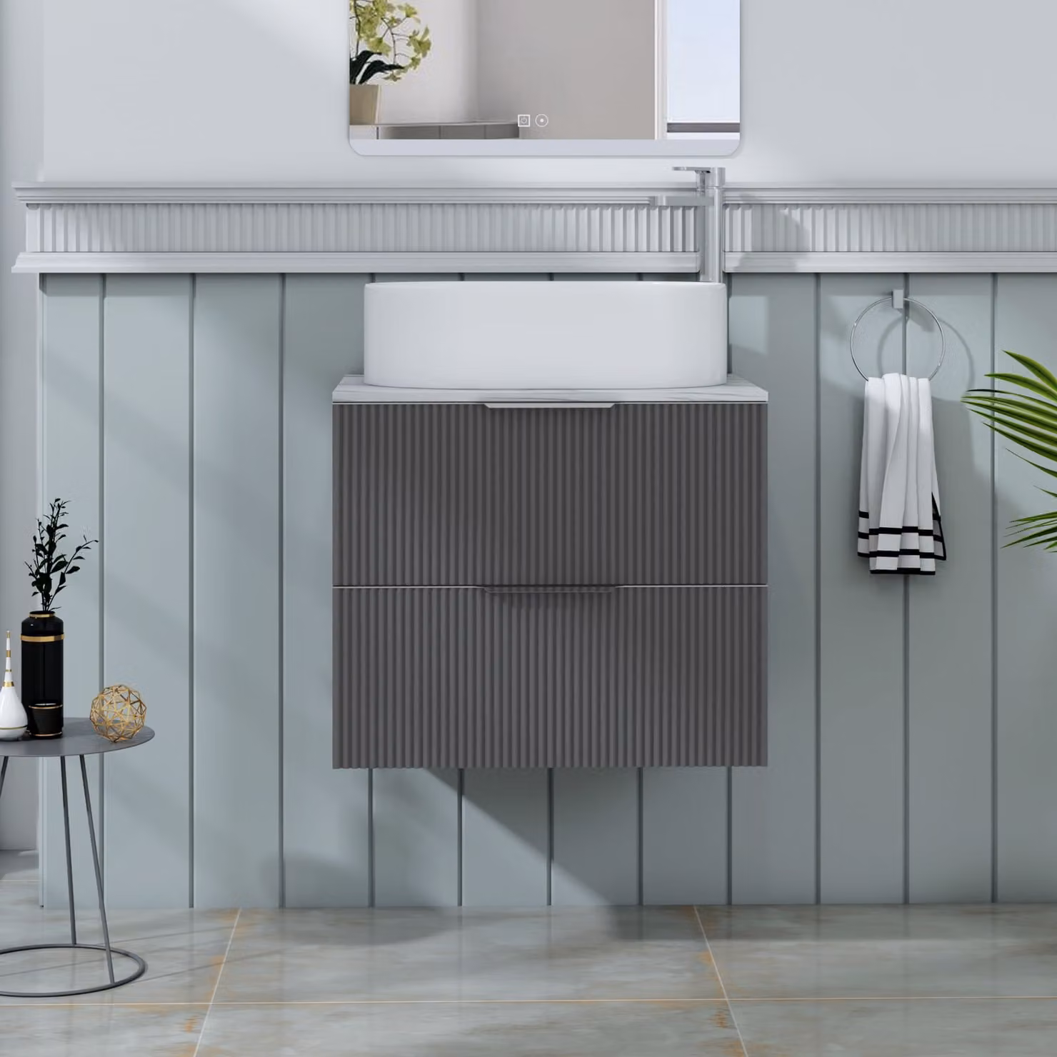 Royal Bathrooms Evora 600mm Graphite Grey Fluted Wall Hung Vanity Unit with 2 Drawers and Peak Basin