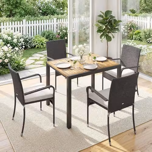 Outsunny 7 Piece Rattan Garden Furniture Set in White and Beige with Acacia Wood and Metal Frame, W/D/H: 150 x 80 x 76 cm – 7