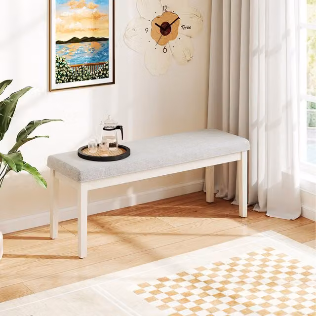 COSTWAY Modern Upholstered Grey Fabric Dining Bench with Rubberwood Legs