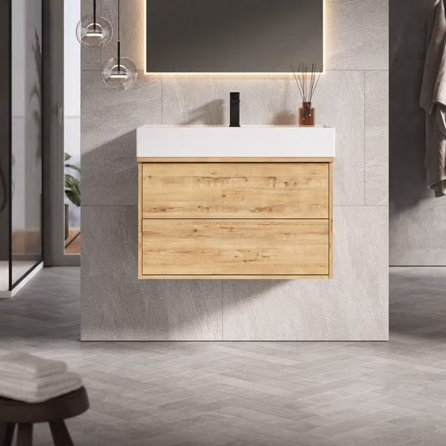 Banyetti Venti 800mm Wall Hung Vanity Unit with Veneto 1 Tap Hole Basin in Ostippo Light Oak – 1