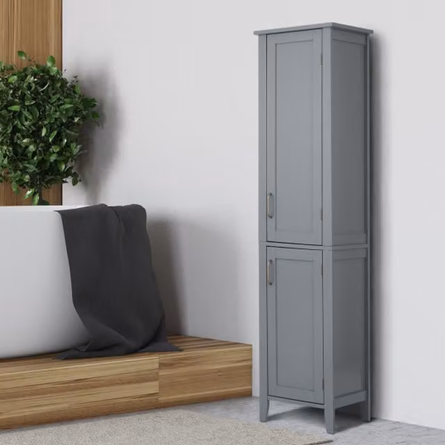 Teamson Home Mercer Collection Grey Wooden Tall Bathroom Storage Cabinet with 2 Hinged Doors and Internal Shelves, H 159.2 cm x W 38.0 cm x D 33.0 cm – 5