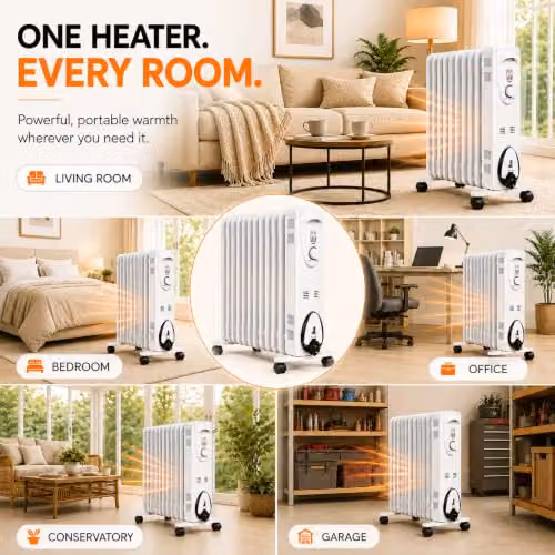MYLEK 2.5kW Oil Filled Radiator in White with Adjustable Thermostat, Tilt Protection and Overheat Protection, W/H: 46 x 55 cm – 3
