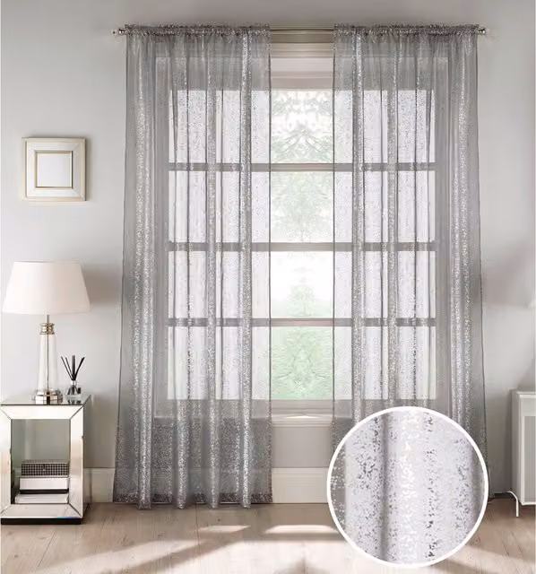 Tyrone Textiles Pair of Grey and Silver Metallic Shimmer Print Sheer Voile Fabric Panels, Width: 137 cm