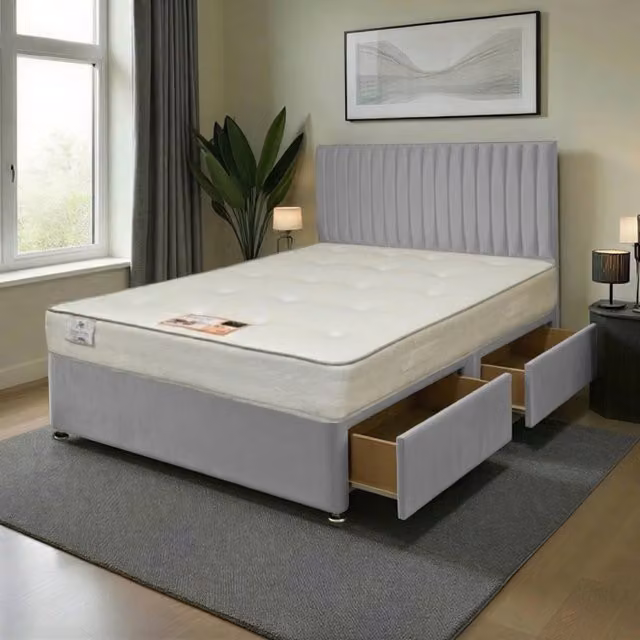 Knight Sleep Emily Plush Single Hybrid Bed Set with Upholstered Headboard and Mattress in Silver Grey