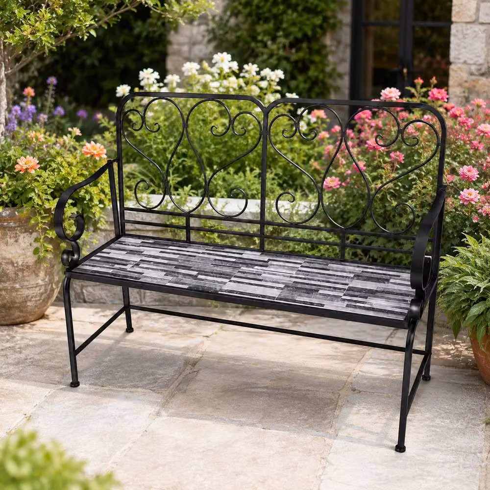 Shatchi Cascade Mosaic 2 Seater Garden Bench in Multicolour Metal and Ceramic Tile, W: 112 cm, H: 96 cm, D: 47 cm – 3
