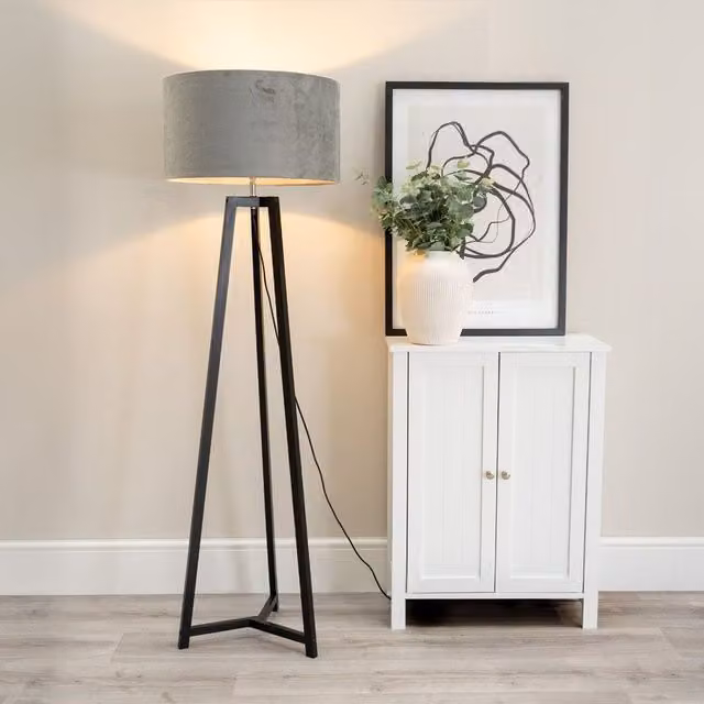 ValueLights Lottie Black Wood Tripod Floor Lamp with Grey Fabric Cylinder Shade, H 148 x W 45 x D 45 cm