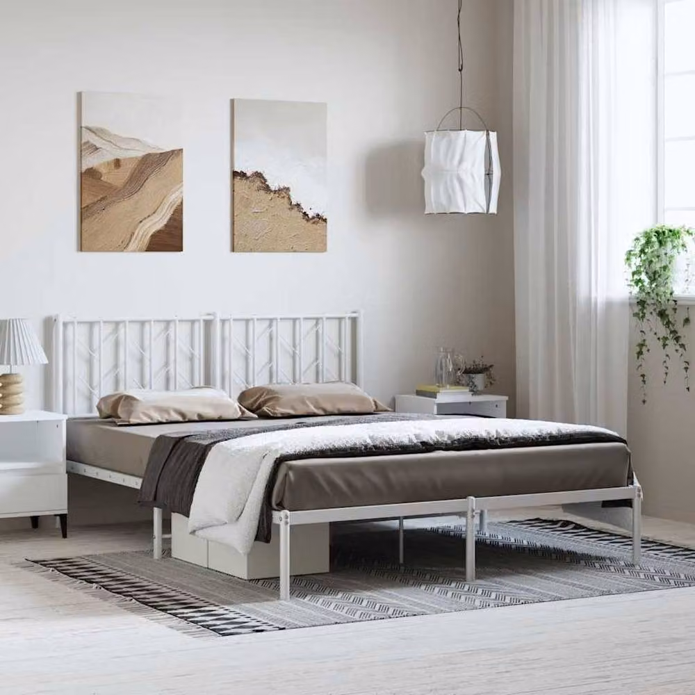 Berkfield Home Metal Bed Frame with Headboard, White, W: 193 cm, D: 203 cm – 2