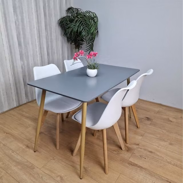 Kosy Koala Scandinavian Grey Dining Table and 4 White Chairs Set