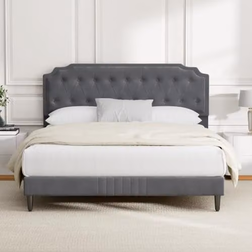 MCC Direct Chelsey Velvet Upholstered King Size Bed Frame with Tufted Headboard in Grey, W/D/H: 180 x 200 cm
