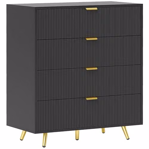 HOMCOM Modern Black Chest of Drawers with 4 Drawers and Gold Handles, W/D/H: 80 x 40 x 90 cm