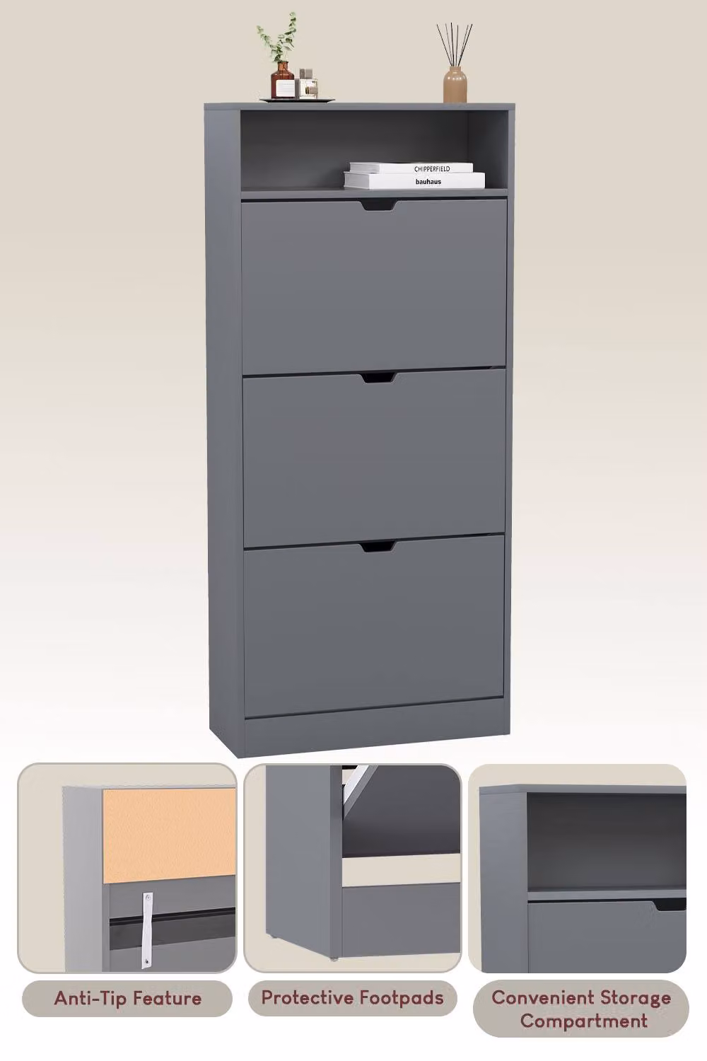 HD Designs Modern Grey 3 Drawer Shoe Cabinet with Tilting Compartments and Internal Shelves – 5