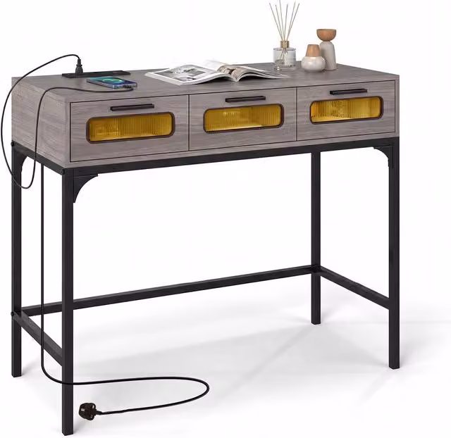 Gymax Grey Modern Metal Console Table with LED Lights, Outlets and USB Ports, W: 90 cm, H: 75 cm – 1