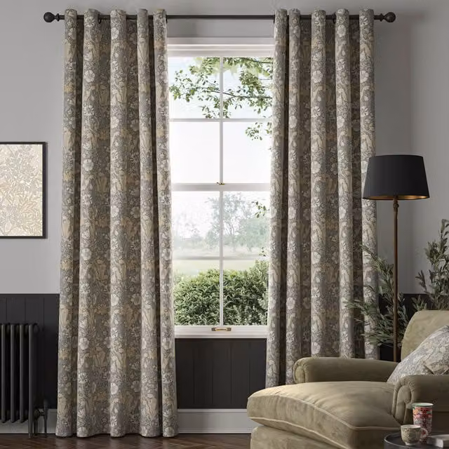 William Morris Compton Made To Measure Floral Velvet Eyelet Curtains in Grey and Multicolour