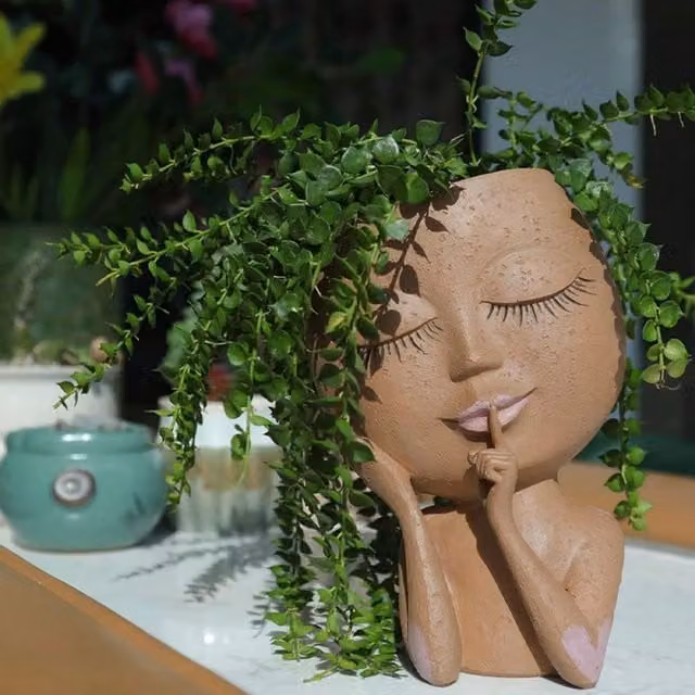 BLUDSUNNY LIMITED Human Face Resin Flowerpot Ornament, Brown