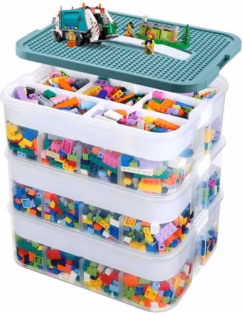 FLAVORA Green Stackable 3-Tier Lego Storage Boxes with Lids and Handles, Large – 1