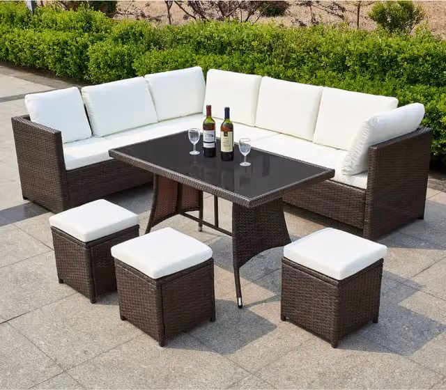 Life Interiors Algarve Rattan 9 Seater Outdoor Furniture Set with Glass Table in Brown