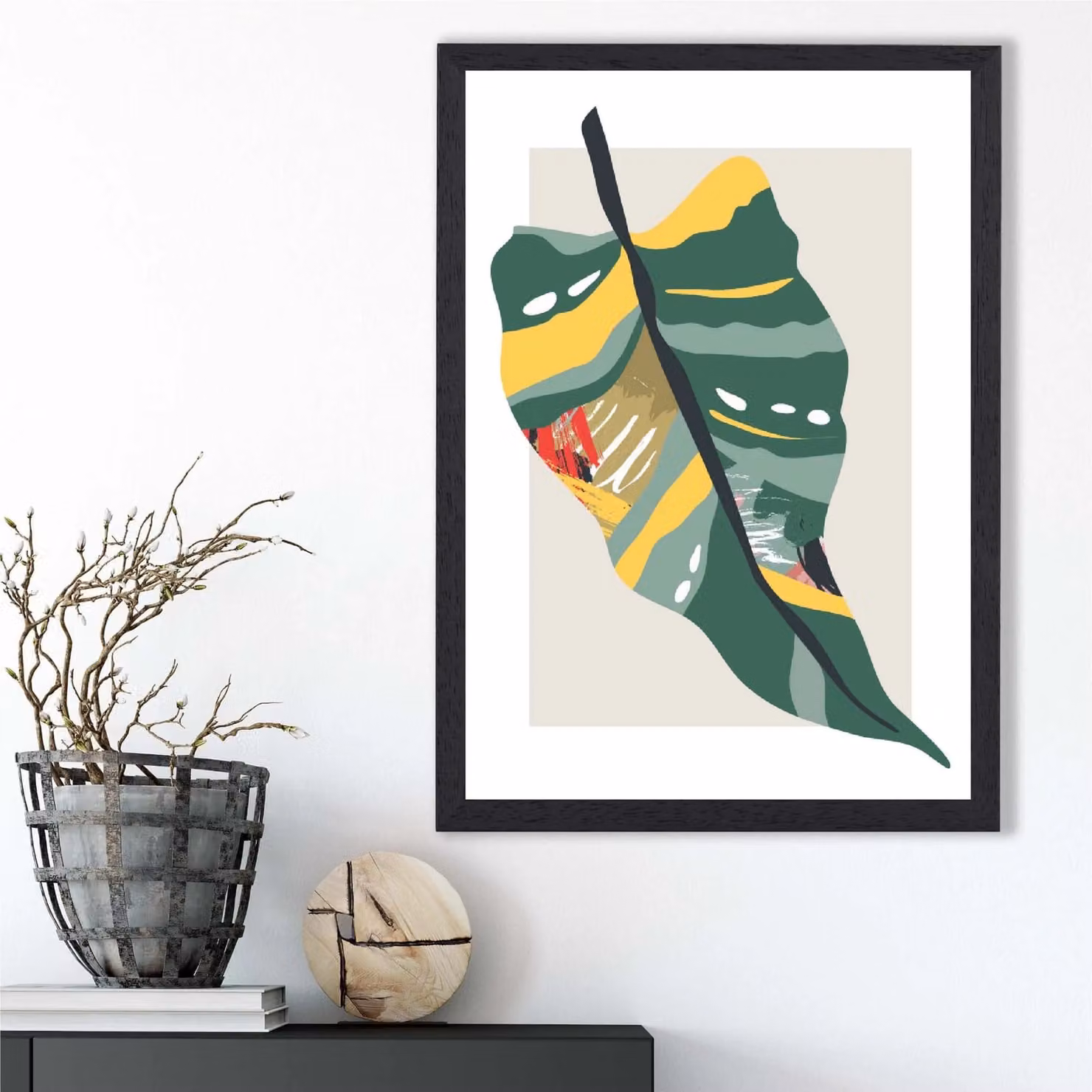 ARTZE Tropical Palm Green and Red Minimalist Botanical Framed Print with Black Frame, A3 – 2