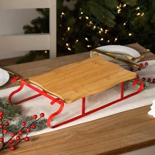 OHS Bamboo Sleigh Serving Board and Charcuterie Platter with Metal Frame, Brown – 1