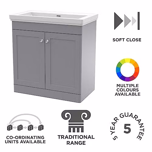 nuie Classique Traditional 2 Door Floor Standing Bathroom Vanity Unit and 0 Tap Hole Fireclay Basin, Satin Grey, W: 800 mm, H: 86.5 cm, D: 52.7 cm – 2
