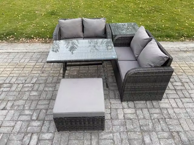 Fimous 5 Piece Wicker Rattan Outdoor Garden Furniture Set with Rectangular Dining Table in Dark Grey