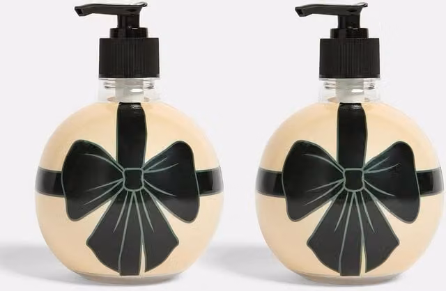 OHS 2 Pack Bow Bauble Pump Dispenser Refillable Bottles in Beige
