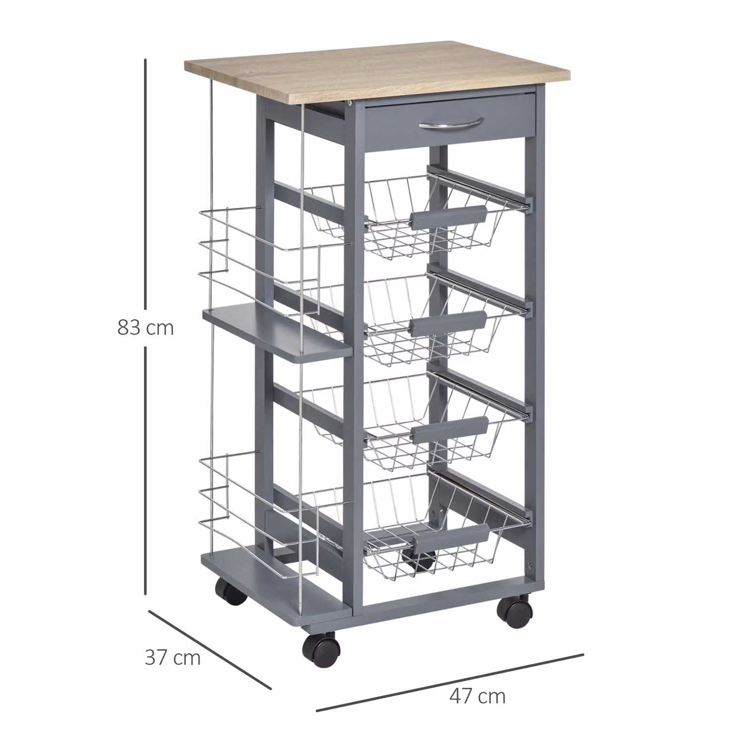 HOMCOM Multi-Use Kitchen Trolley and Island with 4 Baskets, 2 Side Racks and Wheels in Dark Grey – 3