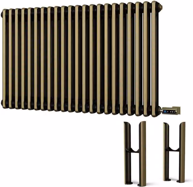 Alpha Antique Brass 2 Column Electric Floor Standing Radiator with Feet, Gold/Bronze, H: 98.8 cm, W: 60.0 cm