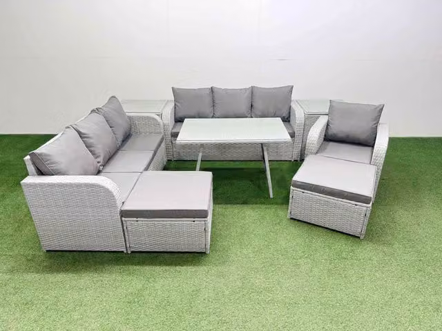 Fimous 8 Piece Outdoor Rattan Garden Furniture Set in Light Grey with Upholstered Cushions, Coffee Table and Ottomans