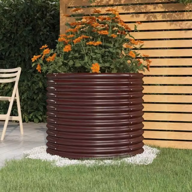 Berkfield Brown Powder-coated Steel Garden Planter Tub W: 80 cm, D: 80 cm, H: 68 cm