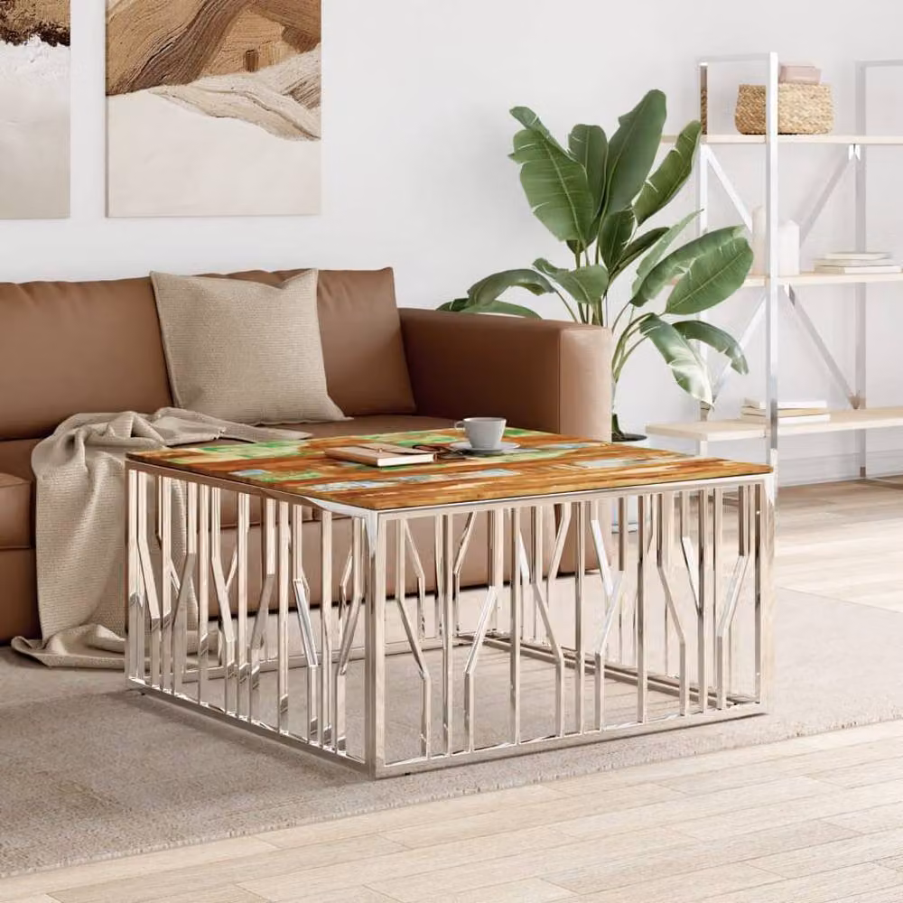 Berkfield Home Modern Square Coffee Table in Silver Stainless Steel and Reclaimed Solid Wood – 2