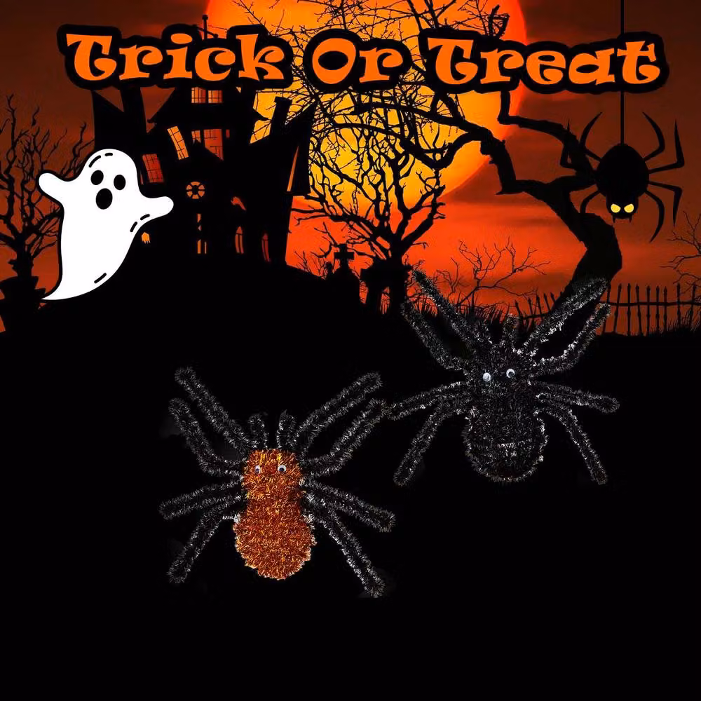 VFM e-Store Halloween Tinsel Spider Party Decorations in Black and Orange, 4 Pack – 3