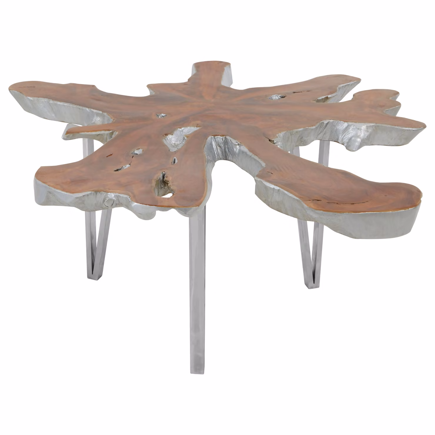 Orsina Star Top Coffee Table with Teak Wood Live Edge and Silver Metallic Base – 2