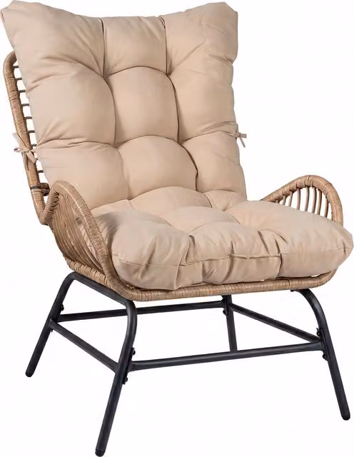 COSTWAY Yellow Polyrattan Lounge Chair with Foam Cushions and Metal Frame