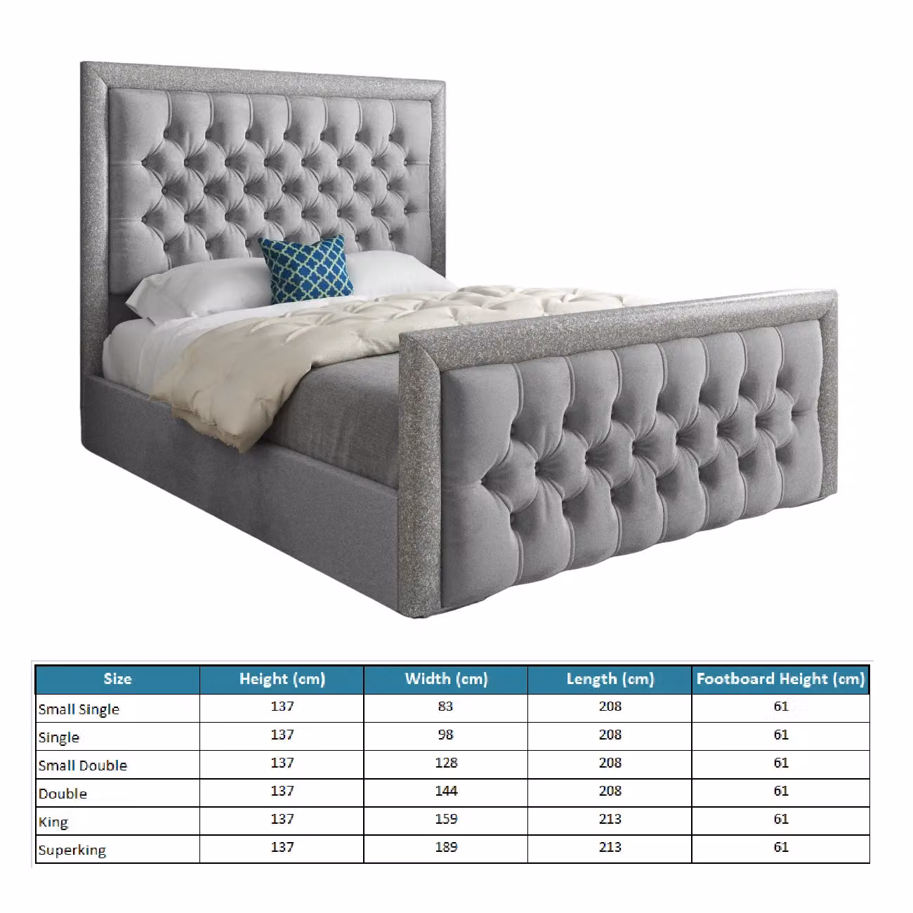 KDMD Venice Glitter Border Upholstered Soft Velvet Bed Frame in Grey, Size: 140 x 200 cm – 4