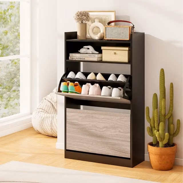 COSTWAY Modern Black Matt Entryway Shoe Storage Cabinet with Tilting Compartments and Open Shelves