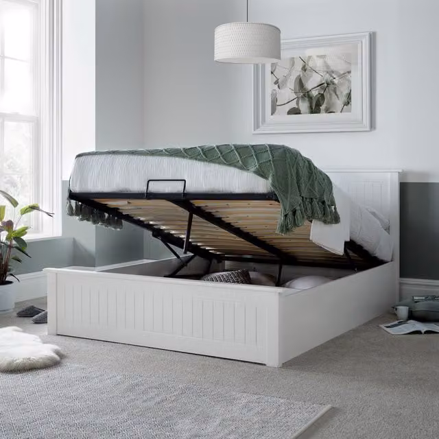 Bedmaster Modern White Engineered Wood Ottoman Bed with Lift Up Base, W: 140 cm, L: 200 cm