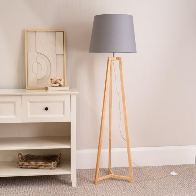 ValueLights Lottie Natural Floor Lamp with Fabric Cone Shade and LED Bulb in Grey