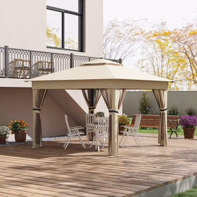 Outsunny Pop Up Gazebo with 20 Solar-Powered LED Lights, Khaki, W: 336 cm, D: 336 cm, H: 250 cm