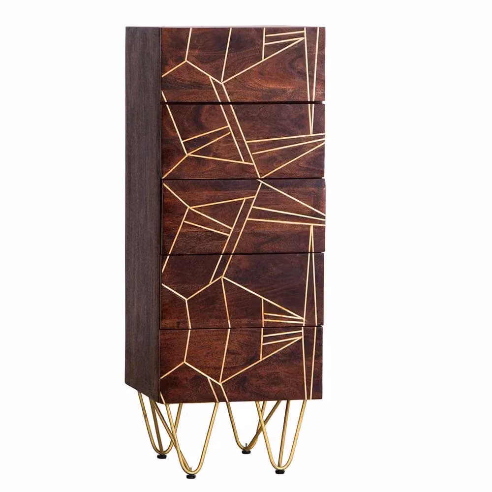 IH Design Jusleen Solid Mango Wood Tall Chest of Drawers in Brown and Gold – 2