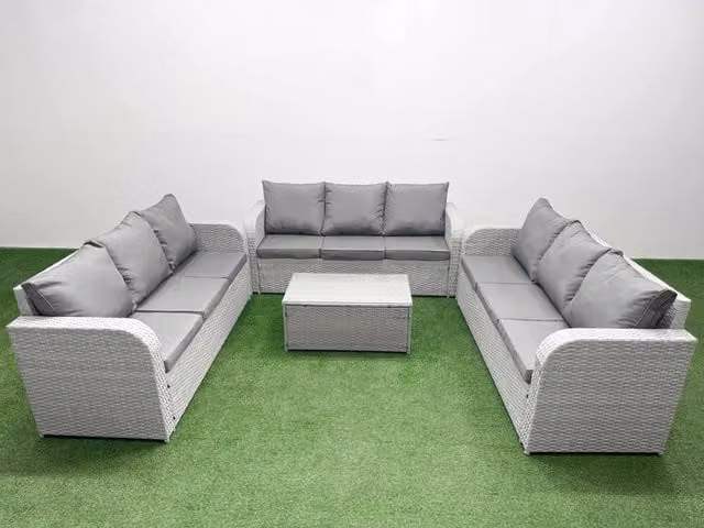 Fimous 9 Seater PE Rattan Lounge Sofa Set with Rectangular Coffee Table in Light Grey