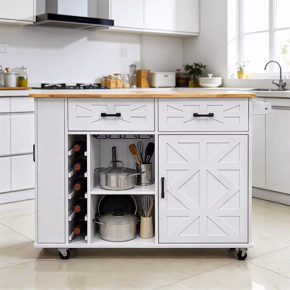 SPETLEK Kitchen Island with Side Storage Rack, White, W/D/H: 129 x 70 x 90.5 cm – 2